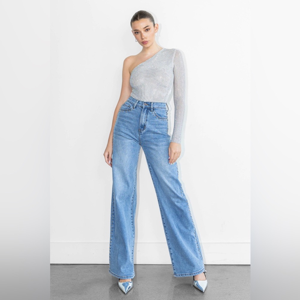 Studded women’s jeans‎ Wide Leg edgy moto statement metallic bold festival - Picture 3 of 13
